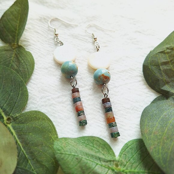 Mother of Pearl & Jasper Earrings – Coastal Boho Dangle Earrings, Handmade - Picture 8 of 10